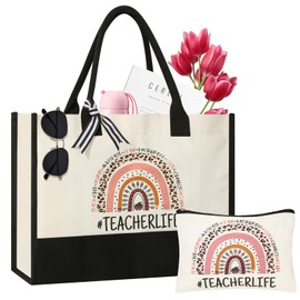 Teacher Gifts for Women, Teacher Appreciation Gifts, Teacher Canvas Tote Bag with Makeup Bag, Beach Bag with Zipper, Christmas Gifts for Teachers, Thank You Teacher Gift from Student