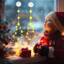 OUILA Christmas Lights Christmas Decoration, Snowman & Christmas Tree Luminous Stars Christmas with Suction Cups & Timer Window Decoration Christmas Illuminated Fairy Lights Window Christmas (Warm