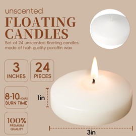 3 inch White Floating Candles 24 Packs Unscented Float Candles 8-9 Hours Floating Candle for Centerpieces 3” Water Candles for Cylinder Vases, Pool, Wedding, Party