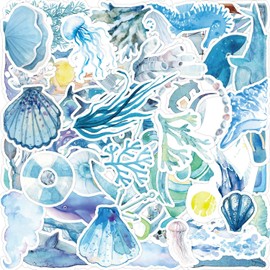 Watercolor Ocean Animal Stickers, 50 Pcs Cute Ocean Sea Life Stickers for Water Bottle Laptop Luggage Computer Phone Guitar Scrapbook, Blue Marine Life Vinyl Decals for Kids Teens Girls Adults