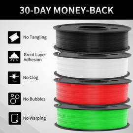 WEEDO PLA Filament 1.75mm Bundle for 3D Printer, 4 Rolls of 250g White Black Green Red 3D Printer Filament, Dimensional Accuracy ±0.02mm, Clog-Free, Smoothly Feeding, Tangle-Free