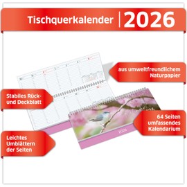 PRIMUS PRINT Desk Calendar 2026 Landscape Weekly Calendar - 64 Pages Appointment Calendar and Annual Calendar - 297 x 130 mm - 75 g Natural Paper, Wire Comb Binding, Holidays and School Holidays