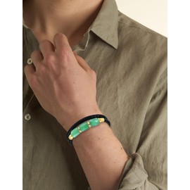 PYNZY Double-Row Leather Bracelets for Men Women, Stainless Steel Braided Bracelet with 3 Stones Beads for Jewelry Gifts, 21CM, Stainless Steel, no gemstone