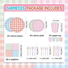 140 Pcs Camp Gingham Paper Plates and Napkins Gingham Checkered Bachelorette Party Supplies Glamping Birthday Tableware Set Summer Plaid Camping Themed Party Favors Baby Bridal Shower