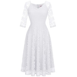 Dressystar Long-Sleeve A-Line Lace Bridesmaid Dress Midi for Wedding Formal Party M White