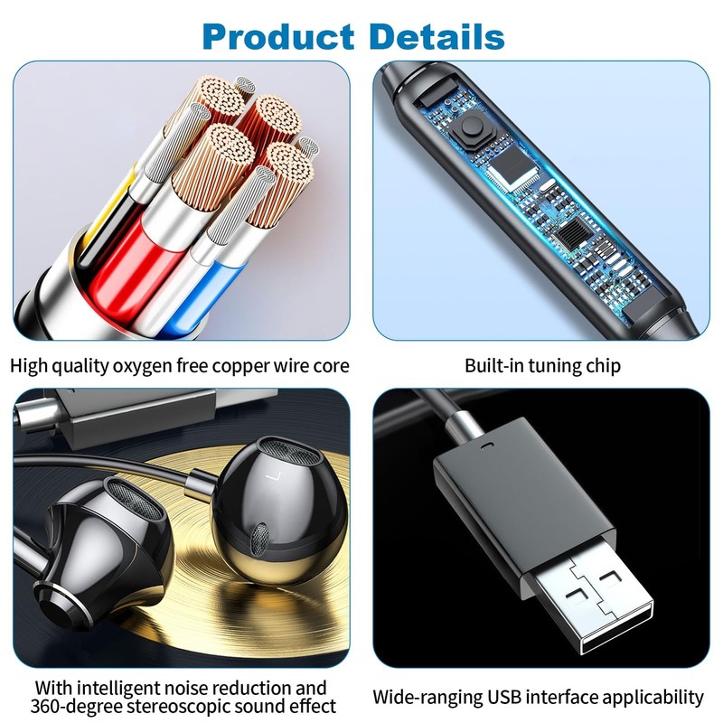 Quwem USB Earphones for PC with Microphone,2.5m Computer Headphones with