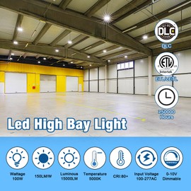 G GJIA LED High Bay Light 100W 14000LM (Eqv. to 400W HPS/MH) 5000K 1-10V Dimmable, 5' Cable with 110V Plug Ring Hook Safe Rope ETL Listed UFO High Bay LED Light Fixture for Factory Warehouse Workshop