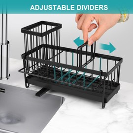 Richenda Kitchen Sink Organiser, Kitchen Sink Caddy with High Brush Holder, Stainless Steel Dish Organizer Divider, Soap Dispenser Storage, Black