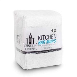 LONDON LINENS 100% Natural Cotton 12 Pack White Terry Kitchen Towels & Bar Mops. 16"x19" Sized Super Absorbent Towel Set Reusable Dish Towels & Cleaning Rags