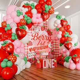Leesoot All In One 130pcs Red Green Pink Strawberry Balloons Arch Garland Kit, 5 10 12 18inch Different Size Latex Balloons Girl Birthday Party Decor Children's Festival Baby Shower + Tools