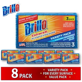 Brillo Estracell Sponges, Premium Long Lasting, Kitchen & Bathroom with Wedge Edge Variety Pack (Variety, 3 Count (Pack of 8))