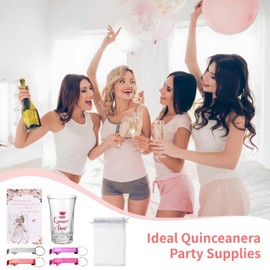 OMISTAR 25 Sets Quinceanera Party Favors, Including Clear Acrylic Shot Glasses, Thank You Cards, Bottle Opener Keychains, Organza Bags, Mis Quince Anos Party Supplies, Quinceanera Presents for Guests