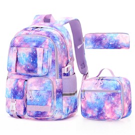 Amythe School Backpack Girls Set of 3 Large Backpack Teenager Girls School Bag 3rd - 9th Grade Waterproof Satchel Kids School Bag for School Travel, purple, Casual, school bag style