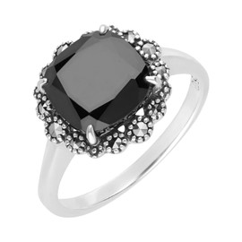 Esse Marcasite Sterling Silver Square Cushion Cut 3.111ct Black Spinel and Marcasite Ring - Size L