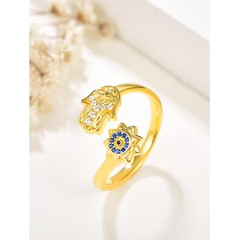 KINGWHYTE Evil Eye Hamsa Hand of Fatima Ring Gold Plated 925 Sterling Silver Adjustable Open Rings Good Luck Protection Jewellery Gifts for Women