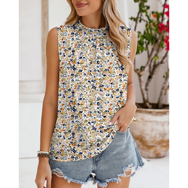 SimpleFun Sleeveless Tank Tops for Women High Neck Chiffon Floral