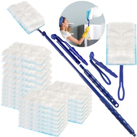REJOECE 30 Pcs Fluffy Dusters Refills, Dust Magnet Refill with 1 Handle and 1 Dust Magnet Telescopic Pole, Disposable Duster Heads for Lock Away Dust, Dirt and Hair for Home & Car Cleaning