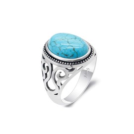 Qida Vintage Turquoise Rings for Men - Solid 925 Sterling Silver Retro Turquoise Wedding Jewelry Bands - Hollow Bohemia Engagement Party Band Rings