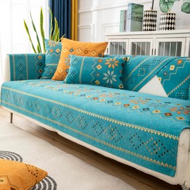 Rosygulls Boho Chenille Couch Covers,Geometric Couch Covers for Sofa,Chenille Couch Cover Non Slip,Sectional l Shaped Sofa Furniture Protector Cover for Home Decor,Lake Blue_4 Seat 28x82in/70x210cm