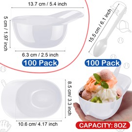 Tanlade 100 Set Baseball Helmet Bowl with Spoons 8 oz Mini Ice Cream Dessert Baseball Cap Bowls Plastic Helmet Chip Snack Cups for Party Supplies (White)