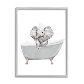 Stupell Industries Baby Elephant Bubble Claw Bathtub Safari Animal Bathroom, Designed by Ziwei Li Gray Framed Wall Art, 24 x 30, White