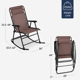 Best Choice Products Outdoor Folding Rocking Chair, Zero Gravity Lounge Chair, Patio Rocker w/Headrest Pillow - Brown