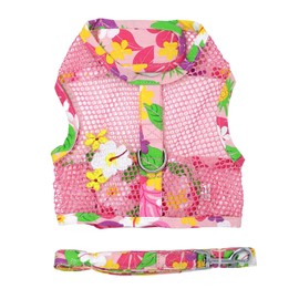 DOGGIE DESIGN Cool Mesh Dog Harness with Leash Pink Hawaiian Floral (X-Small)