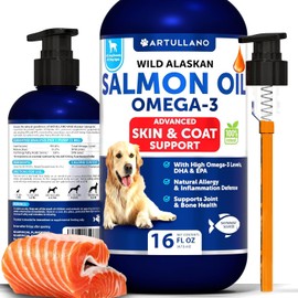 Salmon Oil for Dogs - Omega 3 for Dogs - 16 FL OZ Wild Alaskan Salmon Fish Oil - Natural EPA & DHA Fatty Acids for Skin & Coat, Allergy, Joint & Bone Health - Liquid Support Supplement for Shedding