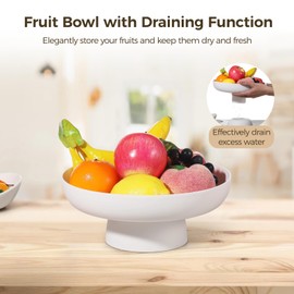 Tideme Fruit Bowls with Draining Holes, 10.2" Large Fruit Basket with Removable Pedestal, White Plastic Decorative Bowl, Fruit Countertop Vegetable Holder for Living Room, Kitchen