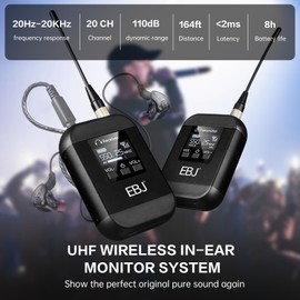 EBJ Wireless in Ear Monitor System, UHF in-Ear Monitoring with Transmitter Receiver Clip On,20 Adjustable Channel One to Many, Auto-Pairing,Wireless IEM for Band Rehearsal,Studio,Small Gigs (SQ-01)