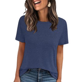 LOOKFACE Women's Summer Short Sleeve Crewneck T Shirts Solid Color Tees Casual Basic Tops Heather Navy X-Large
