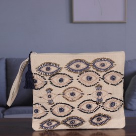 NOVICA Embroidered cotton cosmetic bag, 'Beaded Gaze'
