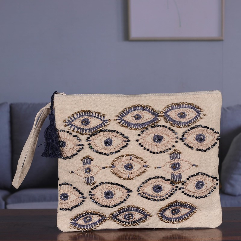 NOVICA Embroidered cotton cosmetic bag, 'Beaded Gaze'