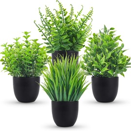 Ukipos Juego de 4 Plantas Artificiales Decorativas, Pequeñas Plantas Artificiales en Maceta de Plástico para Baño, Hogar, Decoración de Mesa para...  