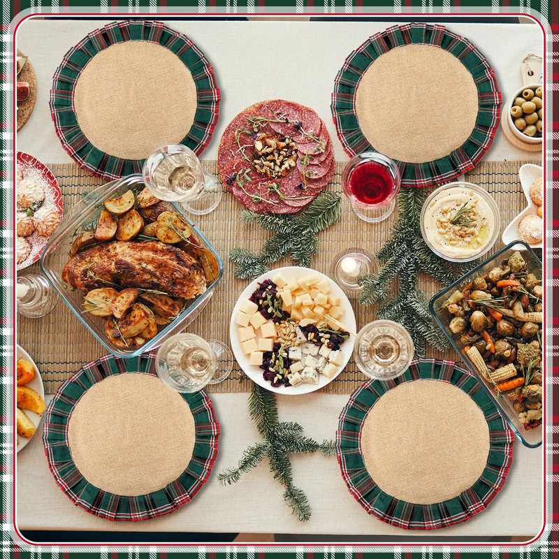 6 Set Round Christmas Plaid Placemats, Red Green