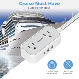 TESSAN Small Flat Plug Power Strip for Cruise Ship, TESSAN Ultra Thin Extension Cord with 3 USB (1 USB C) and 2 Outlets Mini Charging Station, 5 ft Slim Plug for Travel Office School Dorm Room Essentials