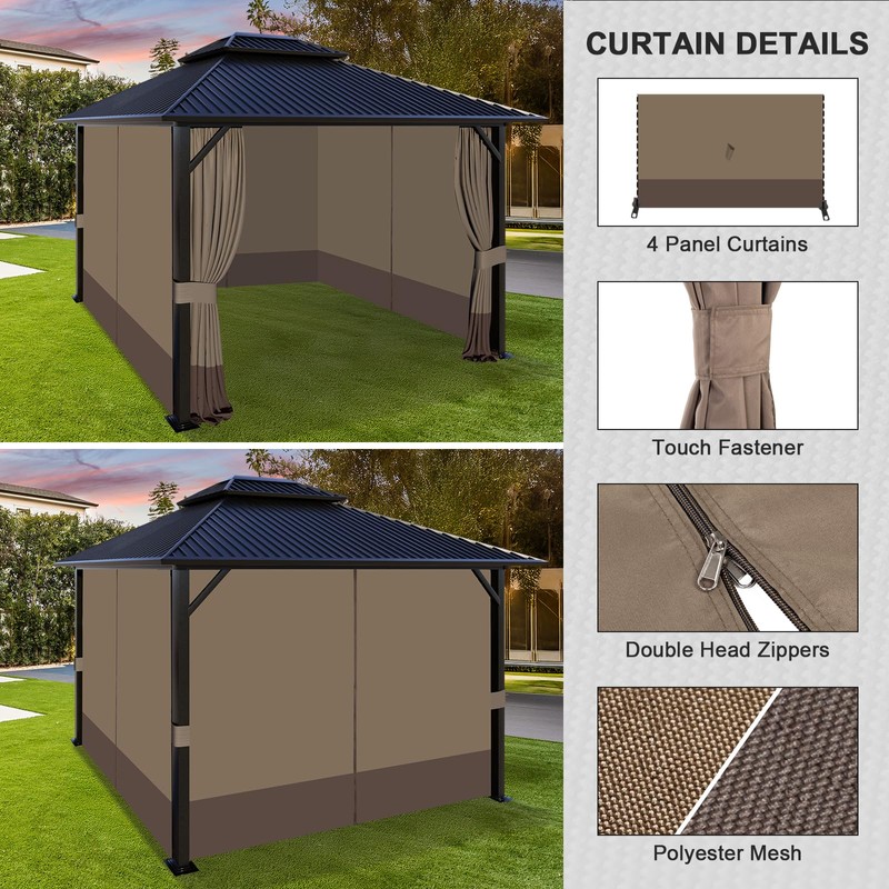 Aoodor 12x14 ft Outdoor Gazebo Curtains, 4 Panels Waterproof Privacy