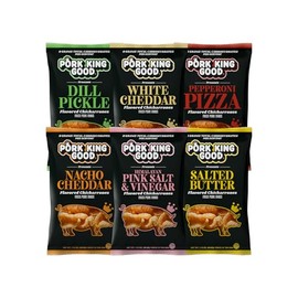 Pork King Good Piglet Variety 6 Pack of Flavored Pork Rinds - Keto, Gluten Free Snacks with Zero Carbs per Serving - White Cheddar, Pepperoni Pizza, Himalayan Salt & Vinegar, Dill Pickle, Salted Butter, and Nacho Cheddar Chicharrones