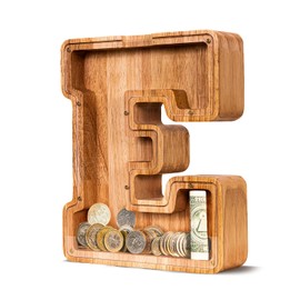 ELX Wooden Piggy Bank, Piggy Bank for Kids, Unbreakable Wooden Letter Piggy Bank, Wood Letter Money Saving Box, Gift for Kids (E)