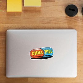 Funny Chill Pill Sticker – Vinyl Waterproof Decal for Laptop, Water Bottle, Skateboard, Car, and More – Retro Comic Style Chill Pill Design 5 inch Sticker