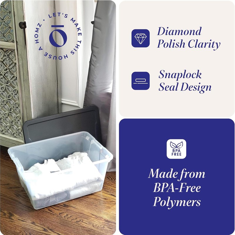 HOMZ 56-Quart Clear Plastic Storage Containers with Lids, Stacklable Storage