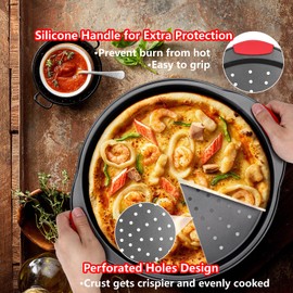 YIDAZLE Non-Stick Pizza Pans (2 PACK), Round Pizza Trays for Oven with Pizza Cutter, 13 Inch Pizza Baking Pan with Perforated Holes and Silicone Handle, Oven & Dishwasher Safe Carbon Steel
