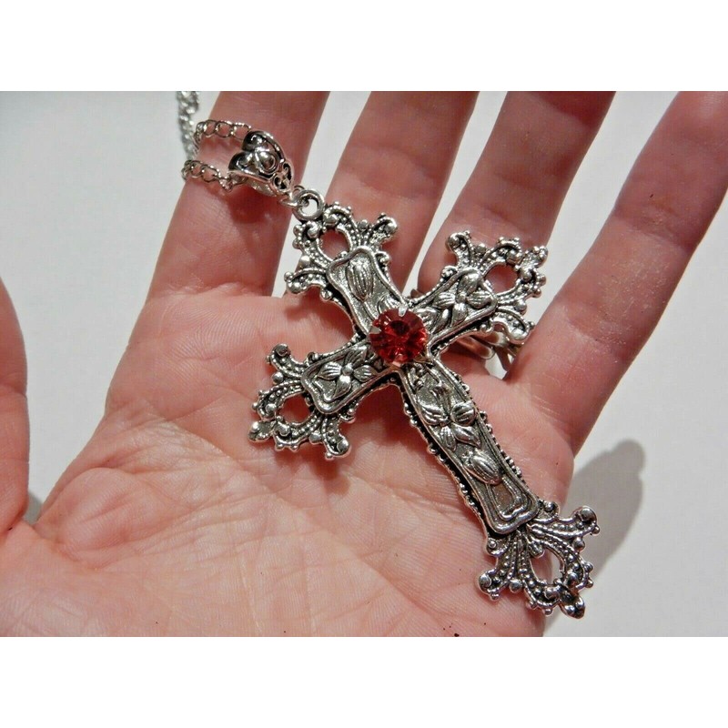 Large Gothic Cross Necklace silver-tone pendant on 24" steel chain