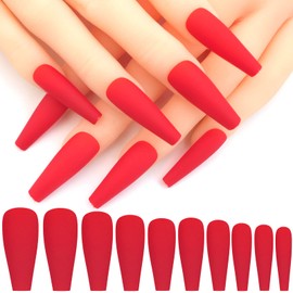 LoveOurHome 100pc Coffin Press on Nails Long Fake Nails Matte Full Cover False Nails Press ons Artificial Nail Medium Ballerina Fake Fingernail Red Presson on Nail Tips for Women Kids Girls