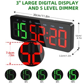 PELLOR Gym Timer Clock, Interval Timer with Function Mode Display, Countdown/UP Stopwatch Adjustable Brightness with Remote Control, 3'' Large Digits Digital Wall Clock for Home Gym Room