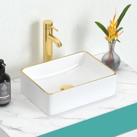 J-FAMILY 14.5'' x 10.6'' Bathroom Small Vessel Sink Above Counter White Porcelain Ceramic Sink Bowl Gold Trim Vanity Sink Lavatory Rectangular Wash Hand Basin