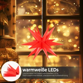 OVILUM Luminous Star 3D with LED Lighting, Red, Diameter 57 cm, 3D Star with 18 Tips, Weatherproof, Garden Decoration, Living Room, Christmas Decoration, Christmas Star, with Timer, 7.5 m Cable