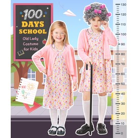 Jeowoqao Old Lady Costume for Kids，100 Days of School Costume Girls Old Lady Wig with Wig Cap，Granny Grandma Dress Up, 100 Days of School Outfit for Girls 5 6 7 Years