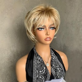 CGVG Women's Natural Short Curly Wig Women Short Hair Wig Layered Fluffy Short Wig Synthetic Heat Resistant Synthetic Hair Daily Use Party Carnival (Blonde-267)