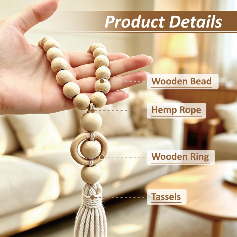 YISARSH Wood Bead Magnetic Curtain Tiebacks, No Drill Curtain Tie